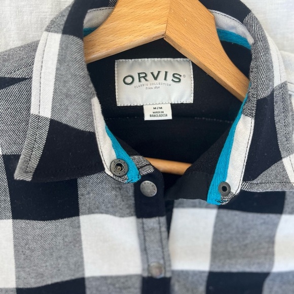 Orvis Plaid Fleece lined Shacket Button Down Top Flannel Black and White medium - Picture 3 of 16
